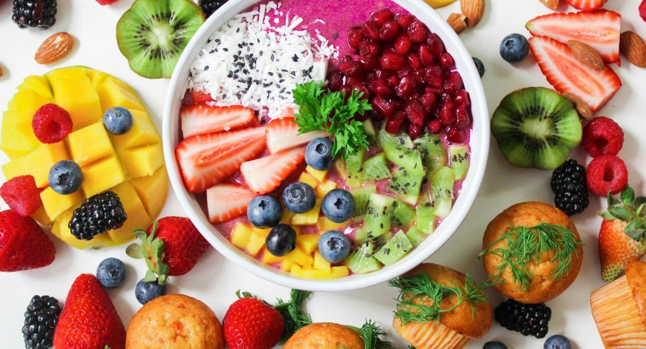 Colorful vegetarian foods on table
